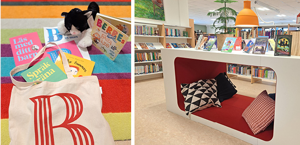 Barnböcker tillsammans med en tygkasse. Liggmöbel med röd madrass och mönstrade kuddar, bokhyllor i bakgrunden.